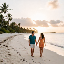 Caribbean Holidays, Bahamas Couples Holidays, A couple walking hand in hand along a quiet white-sand beach in the Bahamas at sunset
