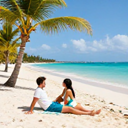 Caribbean Holidays, Bahamas Couples Holidays, A happy couple relaxing on a pristine Bahamian beach with turquoise sea, palm trees and bright March sunshine
