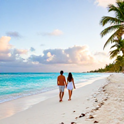 Caribbean Holidays, Bahamas Couples Holidays, A relaxed couple walking along a quiet white-sand beach in The Bahamas at sunrise, turquoise water and palm trees