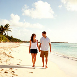 Caribbean Holidays, Bahamas Couples Holidays, A romantic couple walking hand in hand along a quiet white-sand beach in Nassau, Bahamas, in warm August sunshine