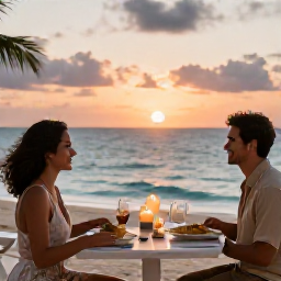 Caribbean Holidays, Bahamas Couples Holidays, A romantic seaside dinner for two at sunset, with Bahamian dishes and candles on a beachside terrace