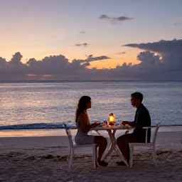 Caribbean Holidays, Bahamas Couples Holidays, An intimate beachfront dinner for two in the Bahamas, lanterns on a table, gentle waves and a colourful sunset