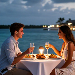 Caribbean Holidays, Bahamas Couples Holidays, Couple dining at an outdoor waterfront restaurant in the Bahamas at dusk, fresh seafood and softly lit tables