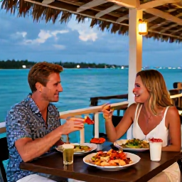 Caribbean Holidays, Bahamas Couples Holidays, Couple enjoying fresh Bahamian seafood at an open-air waterside restaurant in the evening