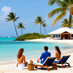Caribbean Holidays, Bahamas Couples Holidays, Couple relaxing beside a turquoise lagoon at a Bahamian resort, with palm trees and loungers
