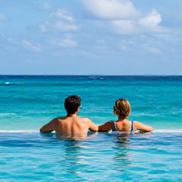Caribbean Holidays, Bahamas Couples Holidays, Couple relaxing beside an infinity pool at a Bahamian resort with turquoise sea in the background