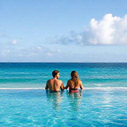 Caribbean Holidays, Bahamas Couples Holidays, Couple relaxing beside an infinity pool overlooking a calm turquoise sea at a Bahamian resort in October