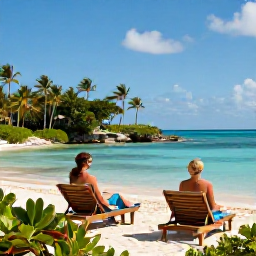 Caribbean Holidays, Bahamas Couples Holidays, Couple relaxing on sun loungers beside a calm turquoise lagoon in the Bahamas, tropical gardens and clear blue sky