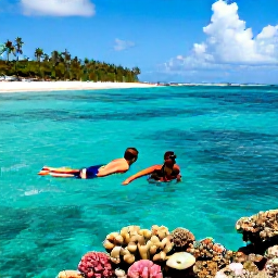 Caribbean Holidays, Bahamas Couples Holidays, Couple snorkelling above colourful coral and tropical fish in clear Bahamian water near a sunny island coastline