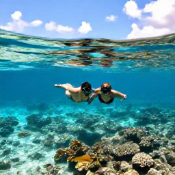 Caribbean Holidays, Bahamas Couples Holidays, Couple swimming and snorkelling above a clear coral reef in The Bahamas, bright tropical fish and sunshine