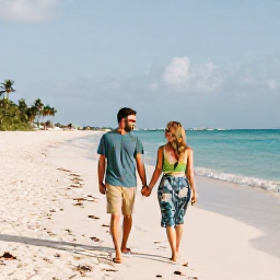 Caribbean Holidays, Bahamas Couples Holidays, Couple walking hand in hand along a quiet white-sand beach in Nassau, Bahamas, in warm June sunshine