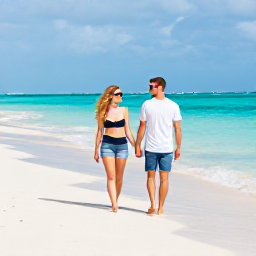Caribbean Holidays, Bahamas Couples Holidays, Couple walking hand in hand along a quiet white-sand beach in Nassau, Bahamas, warm May sunshine and turquoise sea