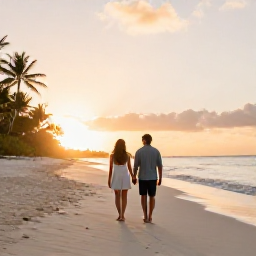 Caribbean Holidays, Bahamas Couples Holidays, Couple walking hand in hand along a quiet white-sand beach in the Bahamas at sunrise