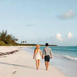 Caribbean Holidays, Bahamas Couples Holidays, Couple walking hand in hand along a quiet white-sand beach in The Bahamas during a warm October afternoon