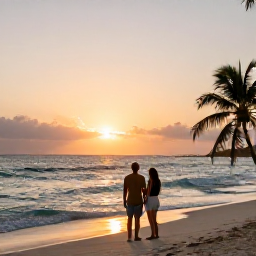 Caribbean Holidays, Bahamas Couples Holidays, Couple watching the sunset from a quiet Bahamian beach, gentle waves, palm silhouettes and warm evening light