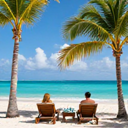 Caribbean Holidays, Bahamas Couples Holidays, Elegant beachfront resort in the Bahamas with palm trees, turquoise sea and sun loungers for two