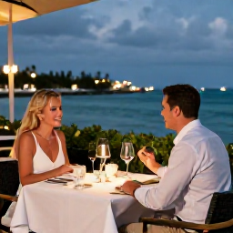 Caribbean Holidays, Bahamas Couples Holidays, Elegant couple dining at an outdoor restaurant overlooking the sea in Nassau, Bahamas, during a warm evening