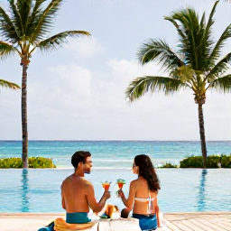 Caribbean Holidays, Bahamas Couples Holidays, Elegant couple enjoying cocktails beside an infinity pool at a Bahamian resort, palm trees and ocean view