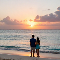 Caribbean Holidays, Bahamas Couples Holidays, Romantic Bahamas beach scene with a couple watching a vivid sunset beside calm turquoise water