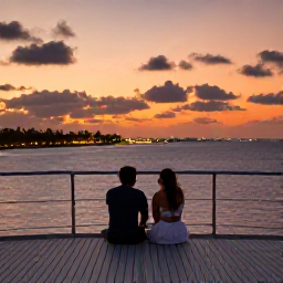 Caribbean Holidays, Bahamas Couples Holidays, Romantic Bahamian sunset cruise with a couple seated on the deck and Nassau lights in the distance