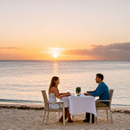 Caribbean Holidays, Bahamas Couples Holidays, Romantic beachfront dining table for two in the Bahamas, sunset light, calm sea and soft tropical colours