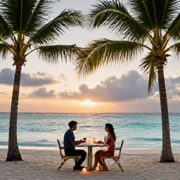 Caribbean Holidays, Bahamas Couples Holidays, Romantic beachfront dinner for two at sunset on a Bahamas island, with palm trees, candles and calm turquoise sea