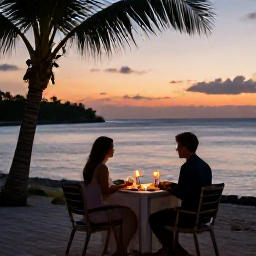 Caribbean Holidays, Bahamas Couples Holidays, Romantic beachfront dinner for two in the Bahamas at sunset, candles, tropical setting and calm ocean