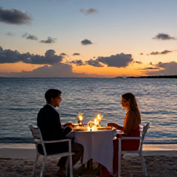 Caribbean Holidays, Bahamas Couples Holidays, Romantic beachfront dinner for two in The Bahamas, softly lit table, calm sea, sandy beach and a colourful sunset