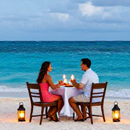Caribbean Holidays, Bahamas Couples Holidays, Romantic beachfront dinner for two with lanterns, fresh seafood and turquoise sea in the background on a Bahamian evening