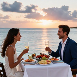 Caribbean Holidays, Bahamas Couples Holidays, Romantic couple dining outdoors beside the sea in Nassau, The Bahamas, with fresh seafood and sunset light