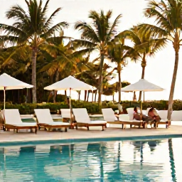 Caribbean Holidays, Bahamas Couples Holidays, Stylish Bahamas resort pool with palm trees, sun loungers and a couple relaxing in warm afternoon light
