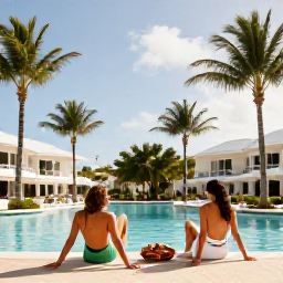 Caribbean Holidays, Bahamas Couples Holidays, Stylish beachfront resort in The Bahamas with a couple relaxing beside a palm-lined pool under a bright sky