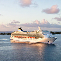 Caribbean Holidays, Bahamas Cruises, A cruise ship departing a Bahamian harbour in golden evening light, with calm sea and palm-fringed islands