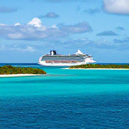 Caribbean Holidays, Bahamas Cruises, A modern cruise ship sailing past bright turquoise water and low green islands in the Bahamas under a sunny August sky