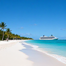 Caribbean Holidays, Bahamas Cruises, A peaceful private island beach in the Bahamas with white sand, turquoise shallows, palm trees and a cruise ship offshore