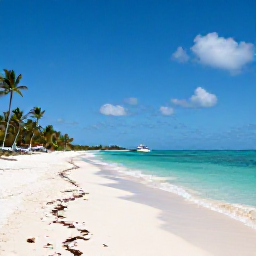Caribbean Holidays, Bahamas Cruises, A quiet white-sand beach on a Bahamian island with shallow turquoise sea, palm trees and a small boat offshore