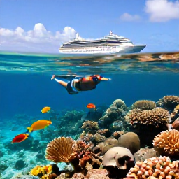 Caribbean Holidays, Bahamas Cruises, A snorkeller viewing colourful fish and coral in clear shallow water near a Bahamian island