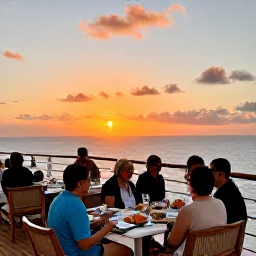 Caribbean Holidays, Bahamas Cruises April, Elegant cruise ship deck at sunset with travellers enjoying dinner and views across the Bahamas