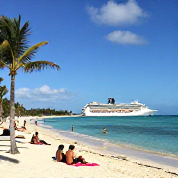 Caribbean Holidays, Bahamas Cruises April, Passengers relaxing on a white sandy beach in Nassau with palm trees, turquoise water and a cruise ship offshore
