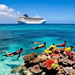 Caribbean Holidays, Bahamas Cruises April, Travellers snorkelling over a colourful coral reef in clear shallow water near the Bahamas