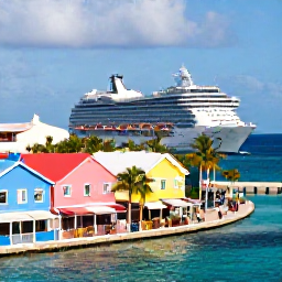 Caribbean Holidays, Bahamas Cruises, Colourful Nassau waterfront with pastel buildings, palm trees, local shops and a cruise ship in the harbour