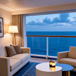 Caribbean Holidays, Bahamas Cruises, Comfortable cruise ship balcony cabin with tropical sea views, light modern furnishings and a calm evening atmosphere