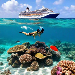 Caribbean Holidays, Bahamas Cruises, Couple snorkelling above a vibrant coral reef in clear Bahamian water near a sandy beach
