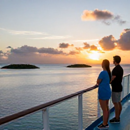 Caribbean Holidays, Bahamas Cruises, Couple standing on a Bahamas cruise ship balcony at sunset, looking across calm blue water towards low tropical islands