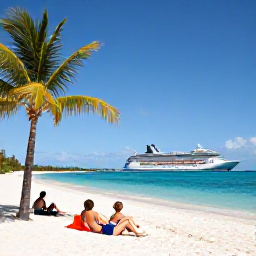 Caribbean Holidays, Bahamas Cruises, Cruise guests relaxing on a pristine private island beach in the Bahamas, with white sand, palm trees and transparent blue sea