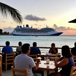 Caribbean Holidays, Bahamas Cruises, Cruise passengers dining outdoors at a relaxed Bahamian waterfront restaurant at sunset