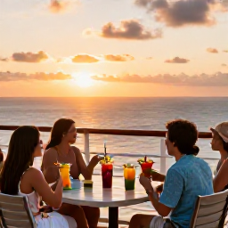 Caribbean Holidays, Bahamas Cruises, Cruise passengers enjoying a sunset deck with tropical drinks, gentle sea and warm evening light near The Bahamas