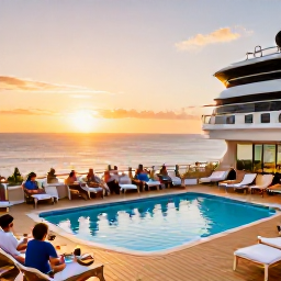 Caribbean Holidays, Bahamas Cruises, Cruise passengers enjoying an open-air deck with swimming pools, relaxed dining and sunset views over the Bahamas