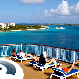Caribbean Holidays, Bahamas Cruises, Cruise passengers relaxing on a sunny deck overlooking Nassau harbour and the bright blue sea