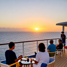 Caribbean Holidays, Bahamas Cruises, Friendly cruise travellers enjoying a relaxed evening on deck as the sun sets over the Bahamian sea